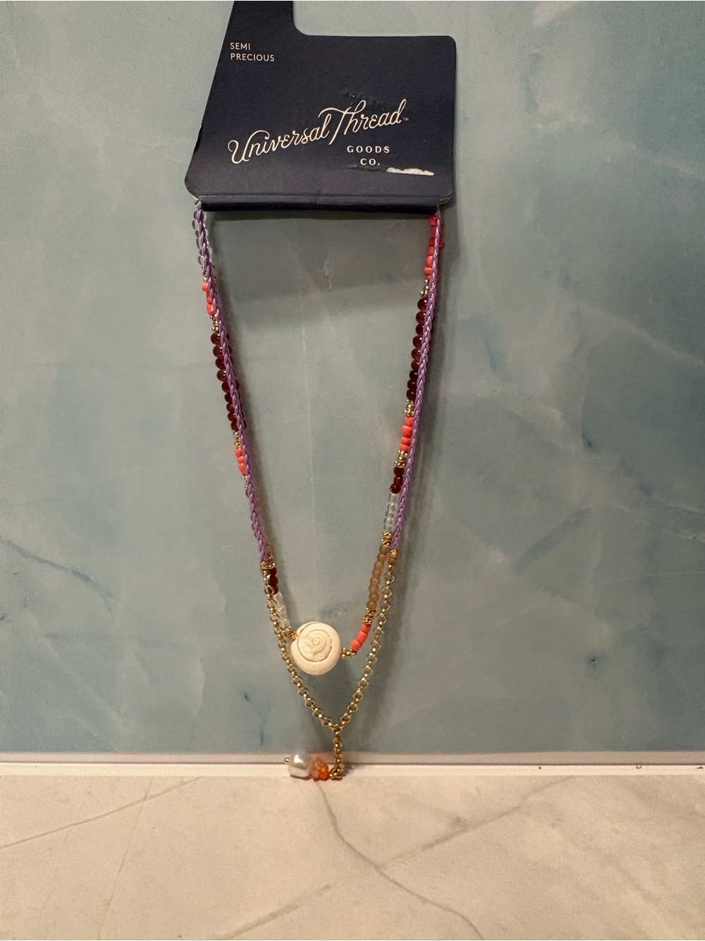 Universal Thread Purple and Coral Layered Beaded Necklace With Shell and Pearl